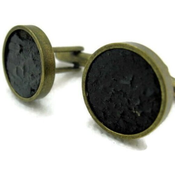 Textured Black Cuff Bullet Round 1" x 3/4" Antique Gold-Tone Base Men Cufflinks - Picture 4 of 10